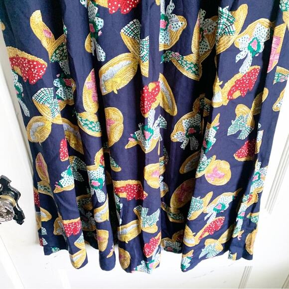 Vintage Susan Bristol Navy Straw Hat Print Pleated Midi Skirt Grandmacore 12 - Picture 2 of 9